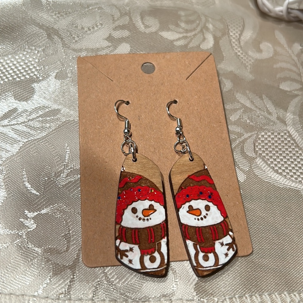 Handmade Wooden Snowman Christmas Dangle Earrings Hand Painted Winter Holiday - Picture 5 of 8